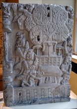 Limestone drum slab depicting the Enlightenment of Buddha