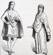 Engraving depicting typical fashion of a male and female Anglo-Saxon