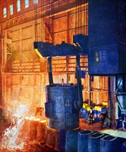 Molten steel being poured into ingot moulds at Ebbw Vale Steel Works