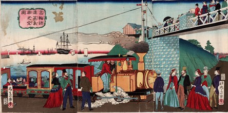Steam engine of the iron railroad at Takanawa. by Ikkei