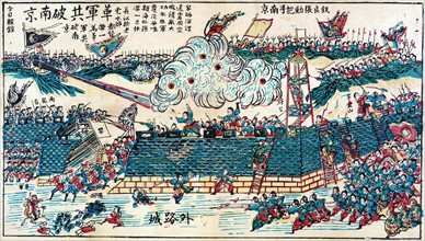Battle scene showing Japanese soldiers storming a Chinese fort