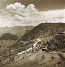 Aerial view of terraced fields and roadway in China