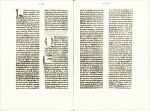 Gutenberg Bible opened to the beginning of the Gospel of Luke Published 1454 or 1455