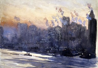 New York City harbour and skyline at night, by Joseph Pennell