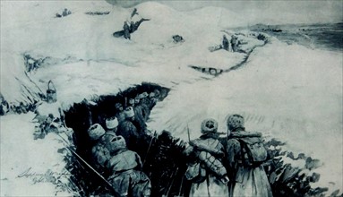WWI Russian troops advance through a snow covered trench in Galicia.