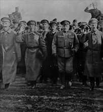 Leon Trotsky (right) with Red Army officers in Moscow.