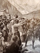 Italian troops are greeted by the people of Cormons.
