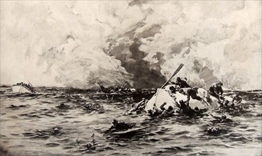 The survivors of the Lusitania cling to lifeboats.