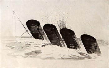 The funnels of the Lusitania as she sinks below the surface of the sea.