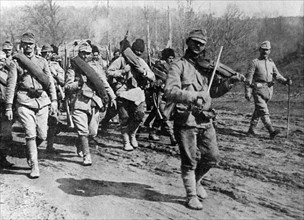 Rumanian soldiers march to war.