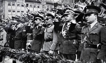 Foreign military representatives alongside German officers at a Nazi parade