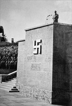 podium with swastika prepared for a rally in Nuremburg 1936
