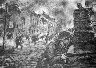 German WWII postcard showing an attack by German forces on a town in Russia