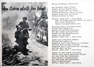 German army postcard showing the words to a patriotic song 'im osten pfeift der wind', 1942