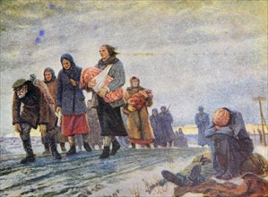 Patriotic Russian war postcard depicting forced march of slave workers