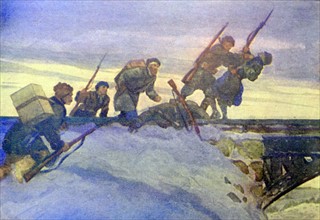 Patriotic Russian war postcard depicting Russian soldiers attacking a German lookout post