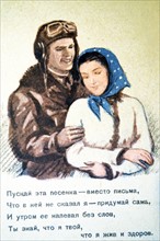 Patriotic Russian war postcard depicting an air force pilot leaving his wife to go to war