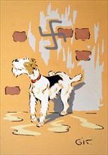 WWII: French war postcard depicting a dog underneath a wall bearing a swastika