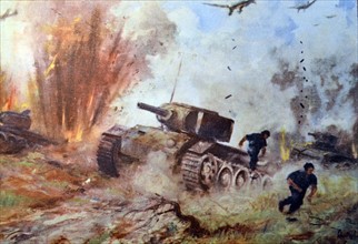 German WWII postcard showing an attack by German stuka aircraft on Russian tanks