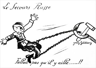 Cartoon depicting Russia chaining Adolf Hitler