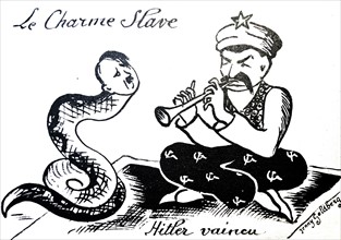 Cartoon depicting Stalin as a snake charmer enticing Hitler