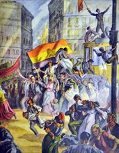 Spanish civil war: Jubilant Republicans at the Puerta del Sol, Madrid