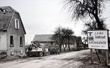 WWII: abandoned German signs in a village liberate by French forces in Alsace , France