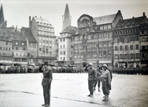 Free French maquis resistance fighters stand in Strasbourg after liberation from German occupation in WWII