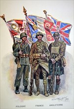 French WWII postcard showing the soldiers and flags of Britain, France and Poland