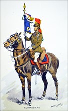 French WWII postcard showing a cavalry officer with banner