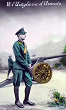 Italian world War Two postcard showing an artillery canon with an officer 1940