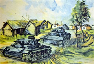 Postcard showing a German army panzer tank corps moving through Poland