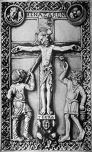 Detailed engraving depicting the Crucifixion of Jesus Christ