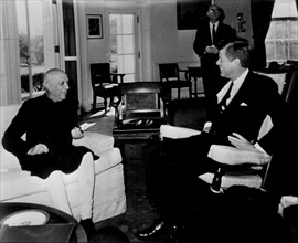 India's Prime Minister Nehru talks with President John F Kennedy at the White House in Washington on November 7, 1961