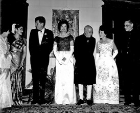 1961, Indian Prime Minister Jawaharlal Nehru gives a dinner in honor of U.S. President and Mrs. John F. Kennedy at the Indian Embassy