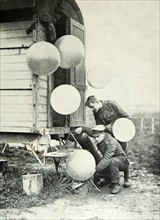 British military weather balloons with ground crew, during WWI