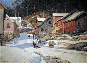 Street in Kragero, 1882 by FritsThaulow (1847-1906). Oil on canvas.