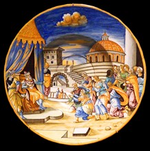 Plateau, Tin-enameled earthenware (maiolica or faience). Created for the vernacular bibles published in Lyon, ca. 1560-80.