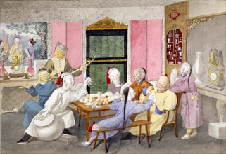 Musicians accompany two men eating, attended by three servants