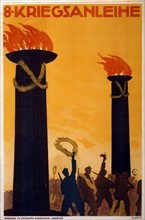 Poster shows soldiers, some holding laurel wreaths