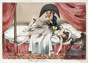 Cartoon shows a scantily clad woman asleep on a bed, a little man sitting on her chest pulling back her see-through covers, as one of her arms hangs to the floor