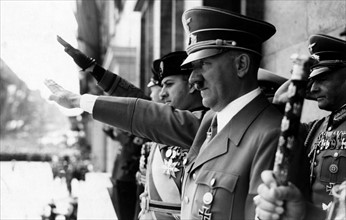 Adolf Hitler and Count Ciano salute from balcony