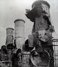 Wreckage of allied ships at Zeebrugge harbour after a German raid of April 1918, WWI