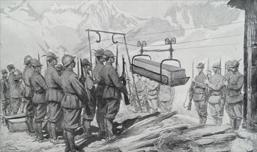 Italian soldiers prepare to transfer a coffin