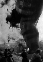 WWI French balloon is destroyed on the ground by a german aerial attack 1916