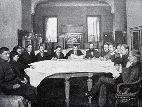 A revolutionary tribunal meeting of soldiers, workers and soviet representatives