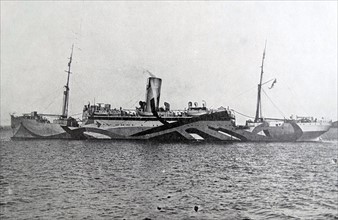 HMS Coronado a camouflaged Royal Navy, British cruiser in WWI