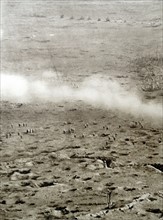 Gas attack on soldiers in a battlefield in France