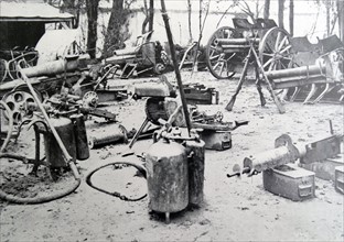 Abandoned german artillery and flame throwers, during WWI