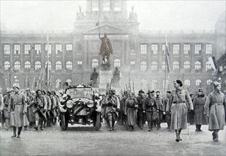 Czech troops accompany President Thomas Masaryk in Prague;   25th December 1918